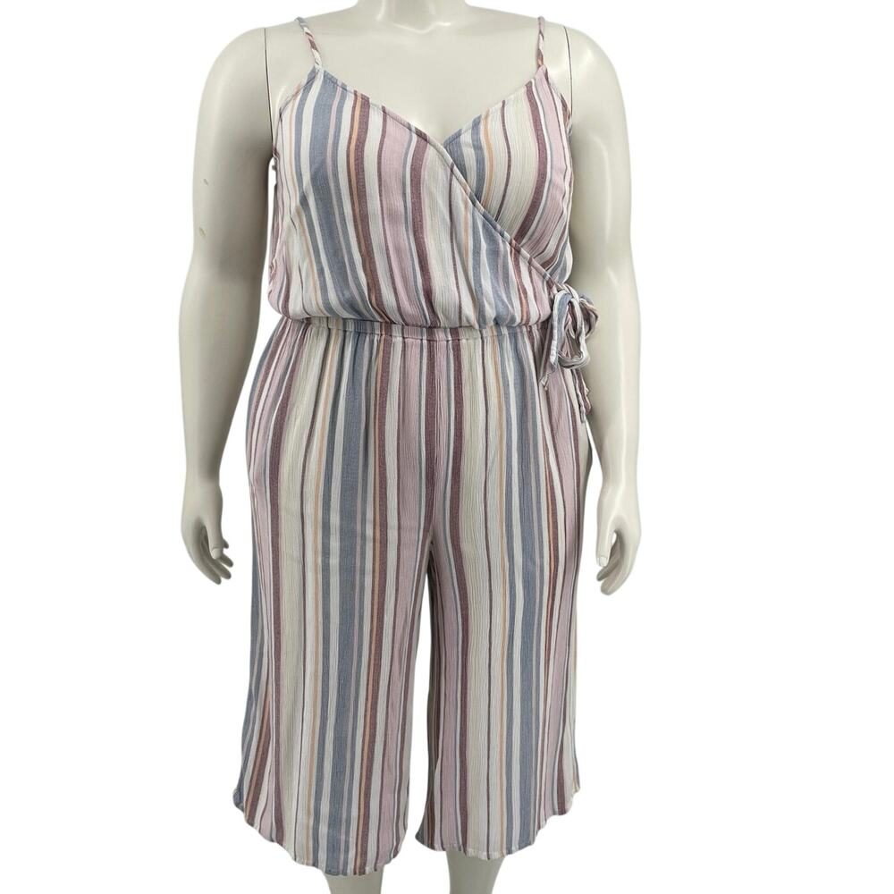 Mudd Women Multi Color Stripe V Neck Jumpsuit Wrap Front Adj Straps Wide Leg XXL